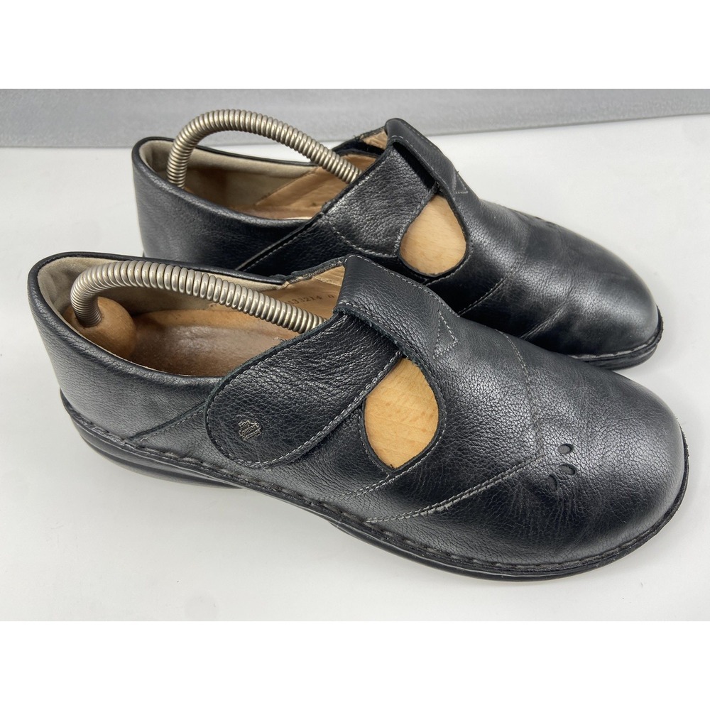 Finn Comfort Shoes Womens‎ 42 Nashville Metalic Black Leather Mary Jane T Strap